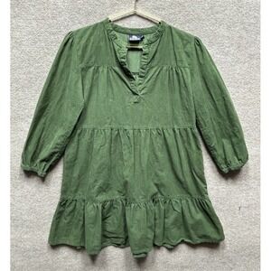 Madison Mathews Womens Mini Dress Size Medium Green Corduroy V Neck Layered EUC